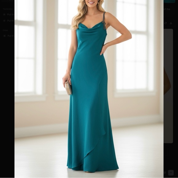 Rickie Freeman for Teri Jon Teal Beaded Strap Gown – Size 2 Cowl Neck Formal - Picture 1 of 5